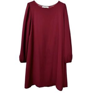 Love Kuza Round Neck Puff Long Sleeve Classic Shift Dress Red Medium